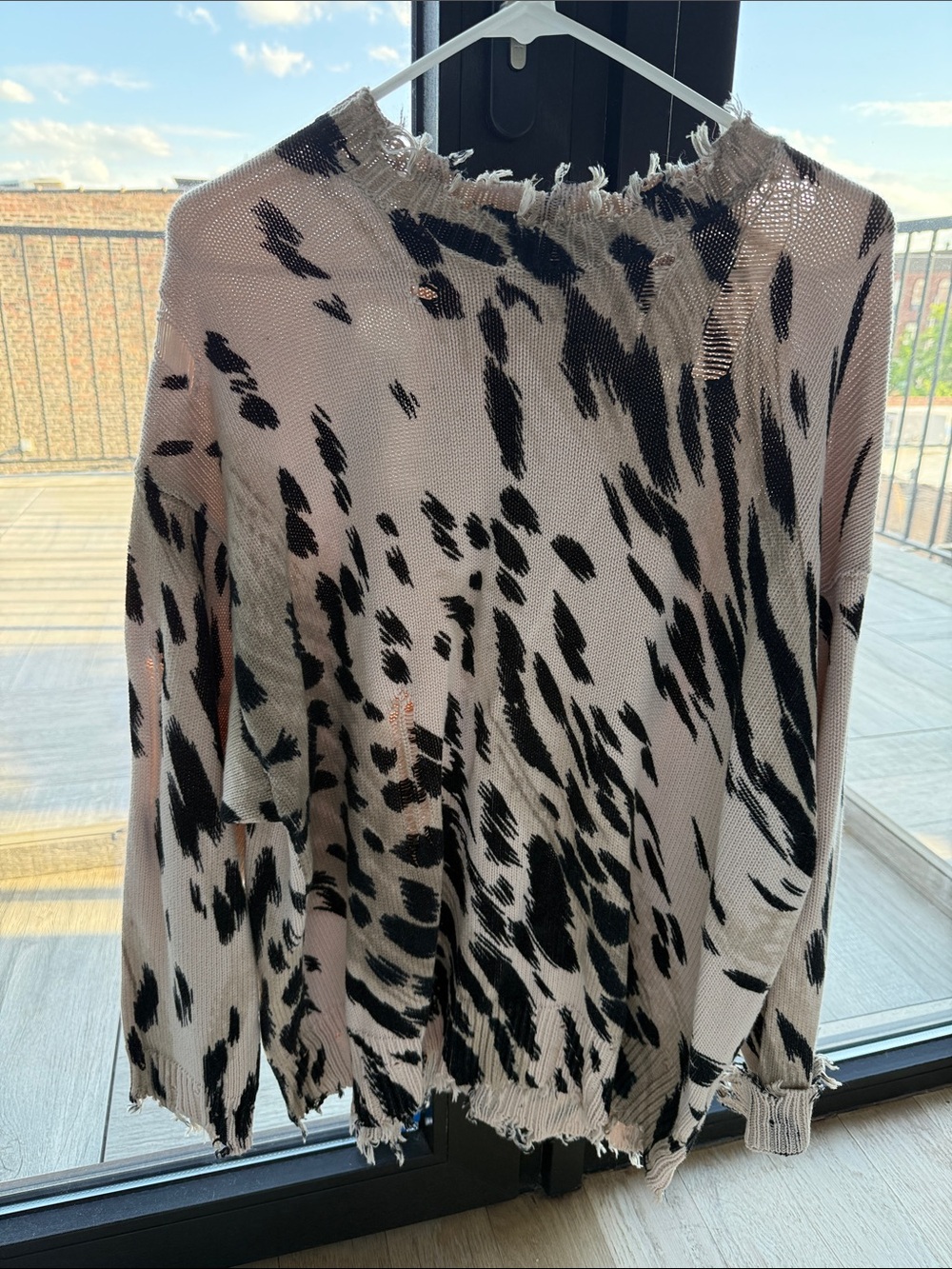 R13 cream and Black Distressed Animal-Print Knit Sweater